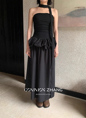 CZ ZHANG秋假两件名媛抹胸连衣裙女高腰修身花边拼接长裙 B36351