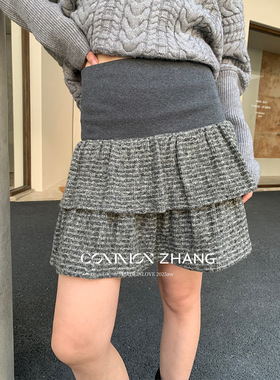 CZ ZHANG秋冬高腰收腹显瘦针织半身裙女百搭蛋糕蓬蓬小短裙B42299