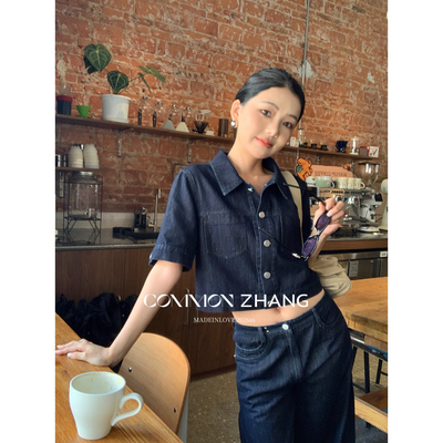 CZ ZHANG夏装新款丹宁乌托邦复古摩登深蓝色高腰显瘦短袖牛仔外套