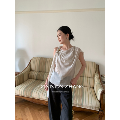 CZ ZHANG-女神维纳斯百搭气质通勤博主风不对称设计斜肩扭结小衫