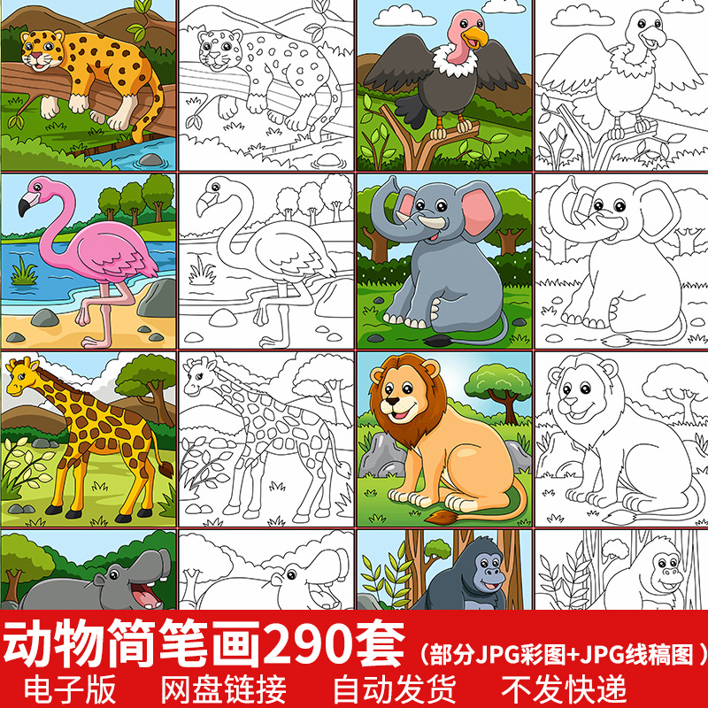 动物简笔画填色线稿电子版幼儿童绘画临摹早教卡通小动物黑白涂色