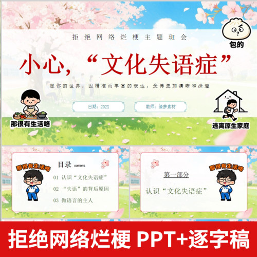 拒绝网络烂梗主题班会PPT传统文化传承做语言的主任+配套讲稿