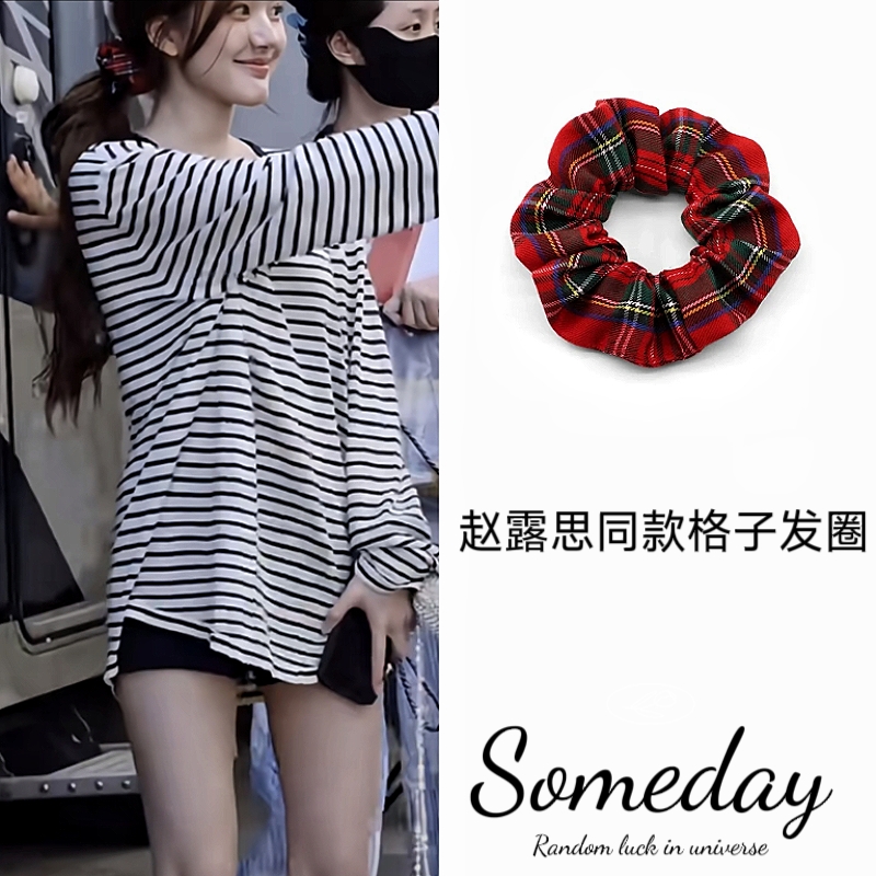 bm风红绿格子大肠发圈复古赵露思同款丸子头盘发高马尾发绳发饰女