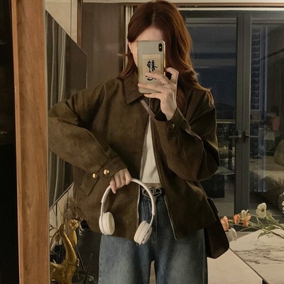 甜酷咖色麂皮绒外套女春秋新款复古小众短款美拉德上衣夹克小个子