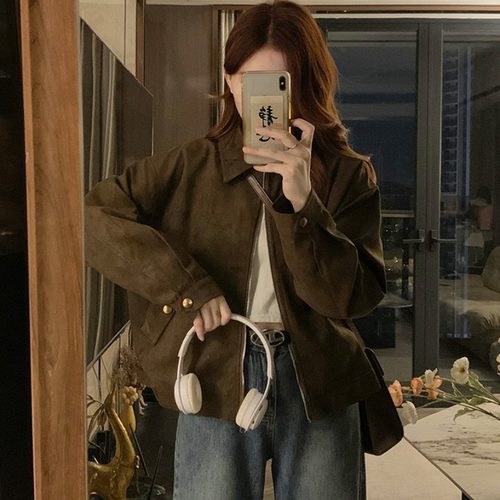 甜酷咖色麂皮绒外套女春秋新款复古小众短款美拉德上衣夹克小个子