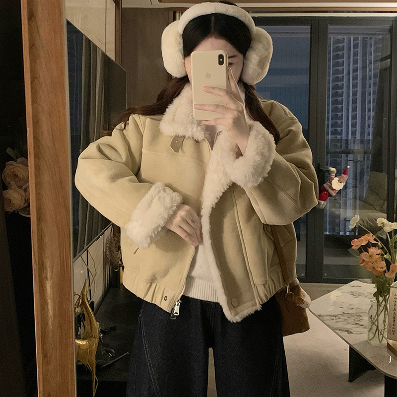 皮毛一体外套女冬季新款设计感短款加厚羊羔绒麂皮夹克棉服小个子