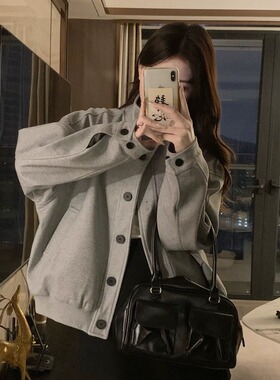甜酷立领灰色夹克外套女春秋款复古小众设计感上衣棒球服小个子潮