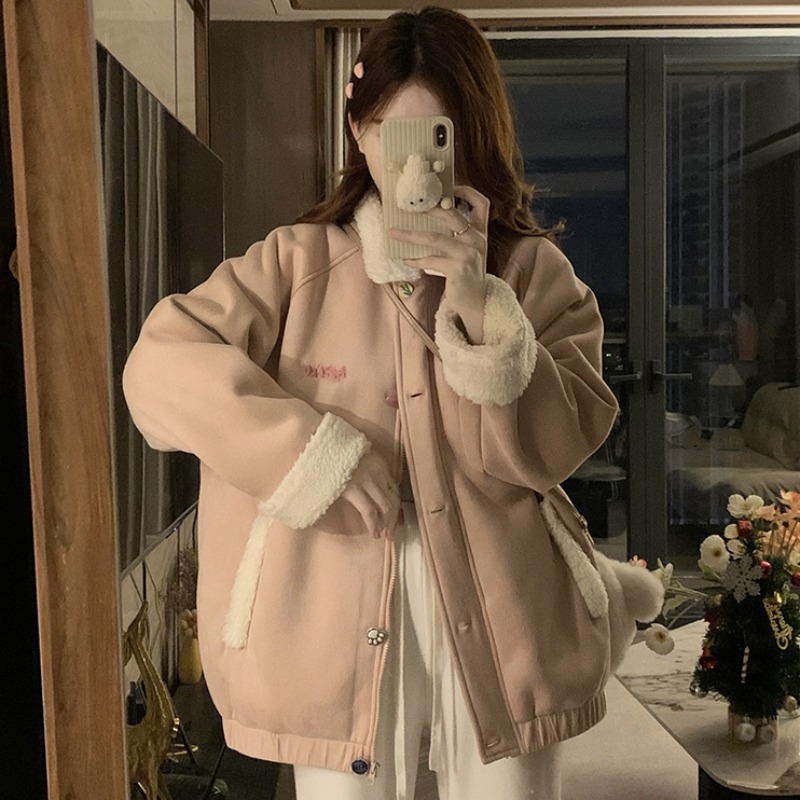 美拉德鹿皮绒羊羔毛外套女秋冬新款小众拼接设计感棉服加厚小个子