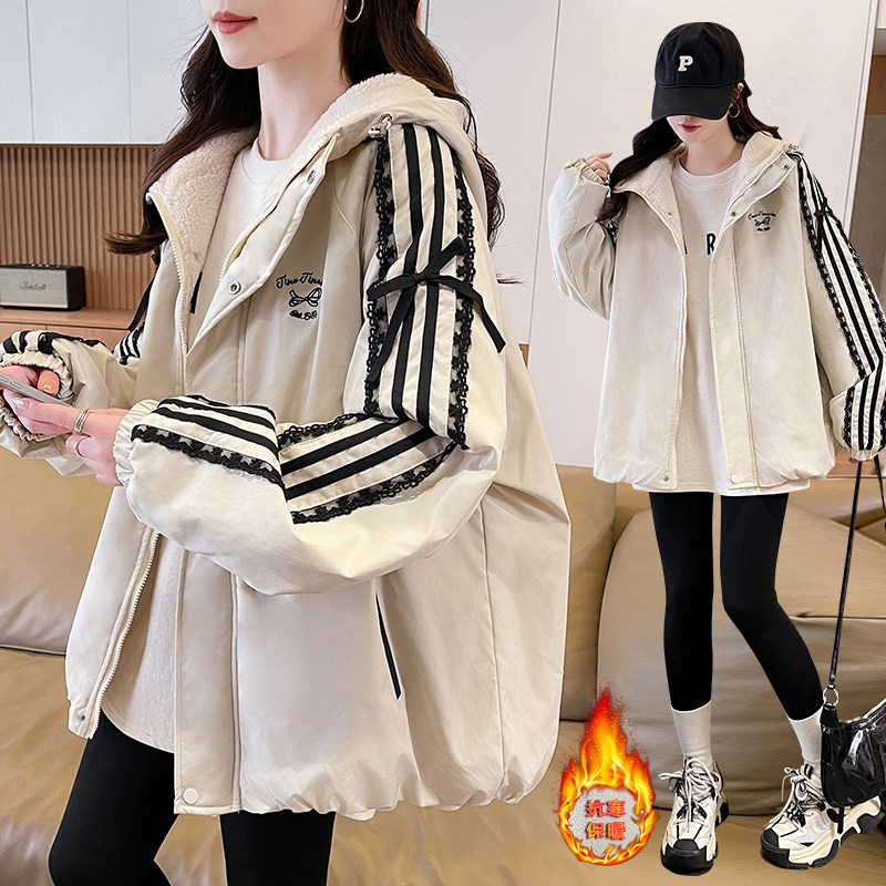 韩系蕾丝加绒冲锋衣女冬季新款宽松加厚羊羔毛休闲保暖棉服外套潮