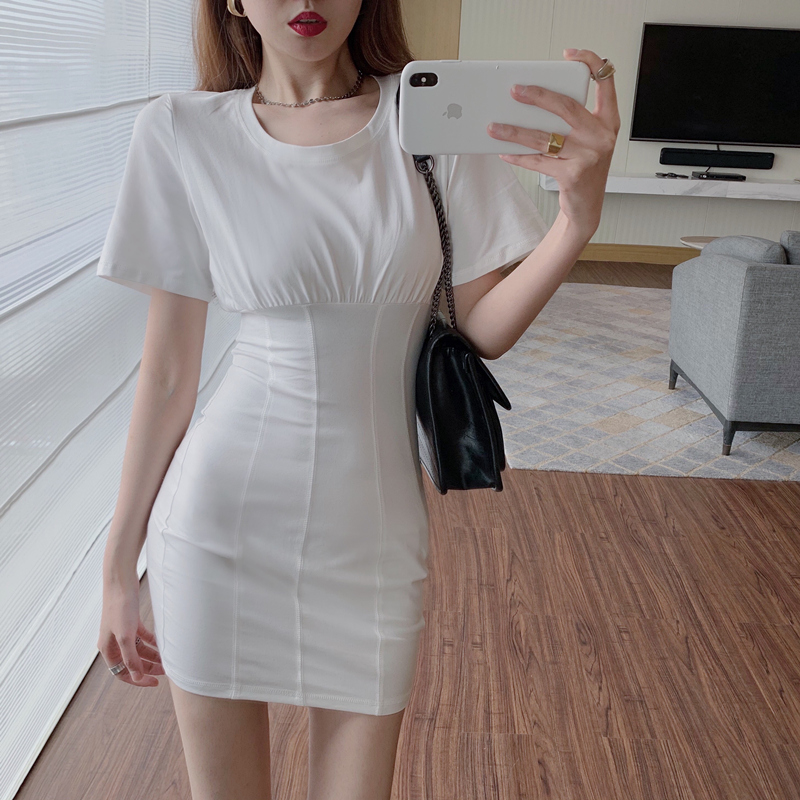 Real price waist show thin round neck dress