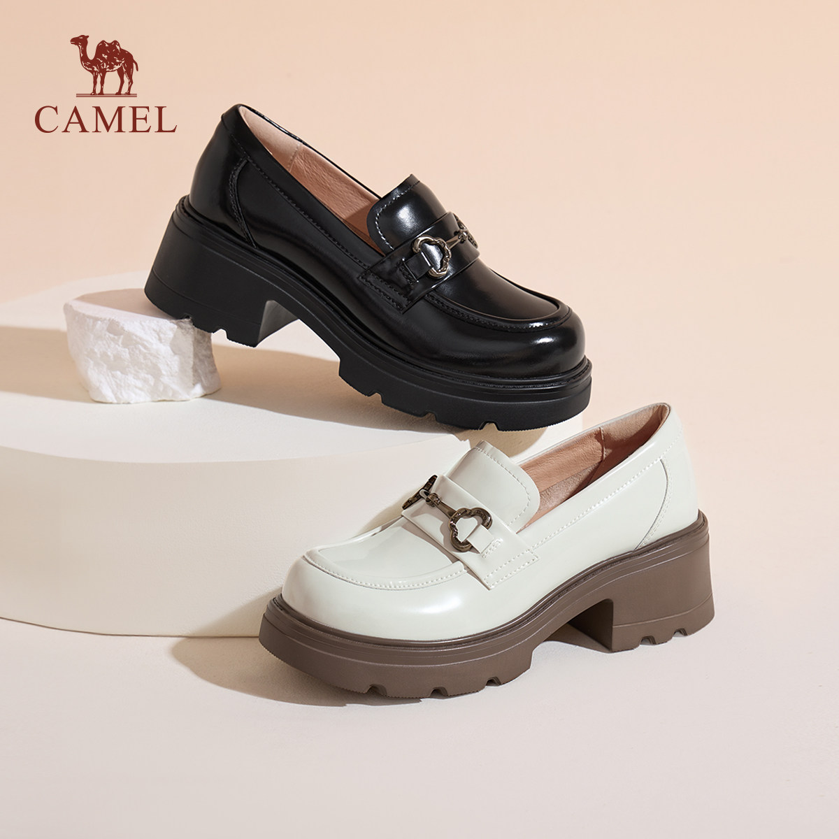 骆驼女鞋2026春季新款JK小皮鞋休闲单鞋厚底粗跟增高黑色乐福鞋