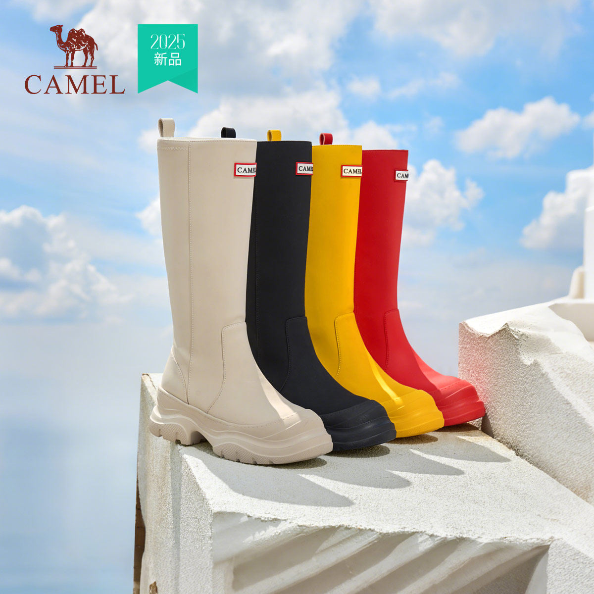骆驼雨靴女2025新款户外徒步防水厚底休闲水鞋红色短靴子雨鞋