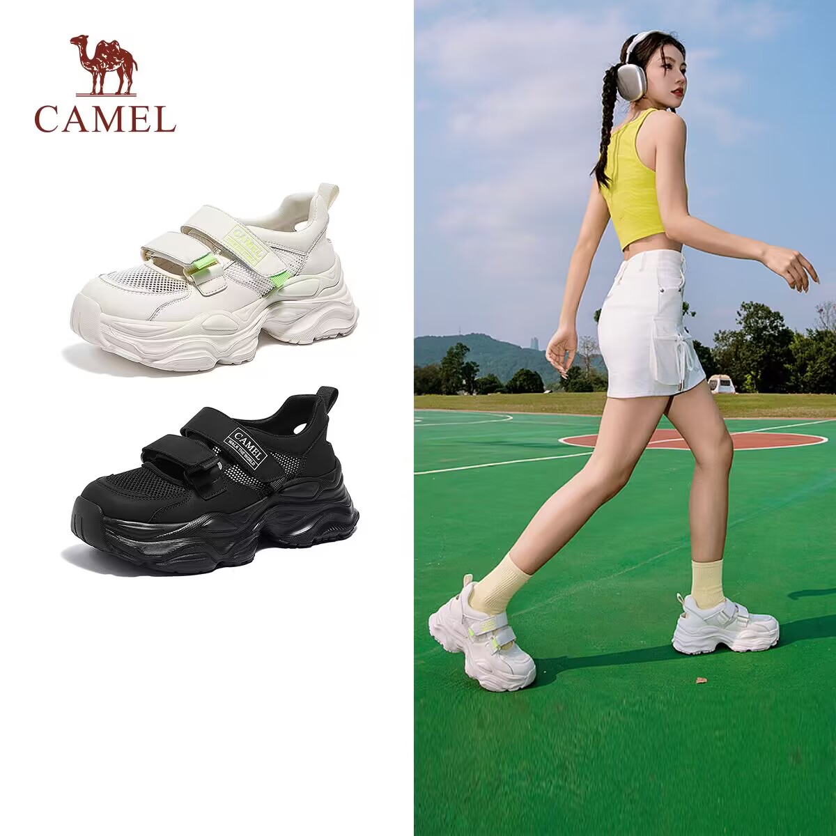 骆驼女鞋2025新款玛丽珍老爹鞋休闲运动鞋厚底网面镂空沙滩凉鞋女