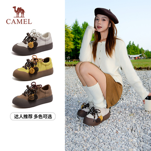 骆驼女鞋2026春季新款双鞋带饰扣大头德训鞋女厚底休闲运动鞋板鞋