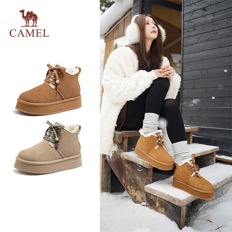 骆驼女鞋2025冬季新款厚底东北加厚保暖雪地靴毛毛百搭棉鞋短靴女