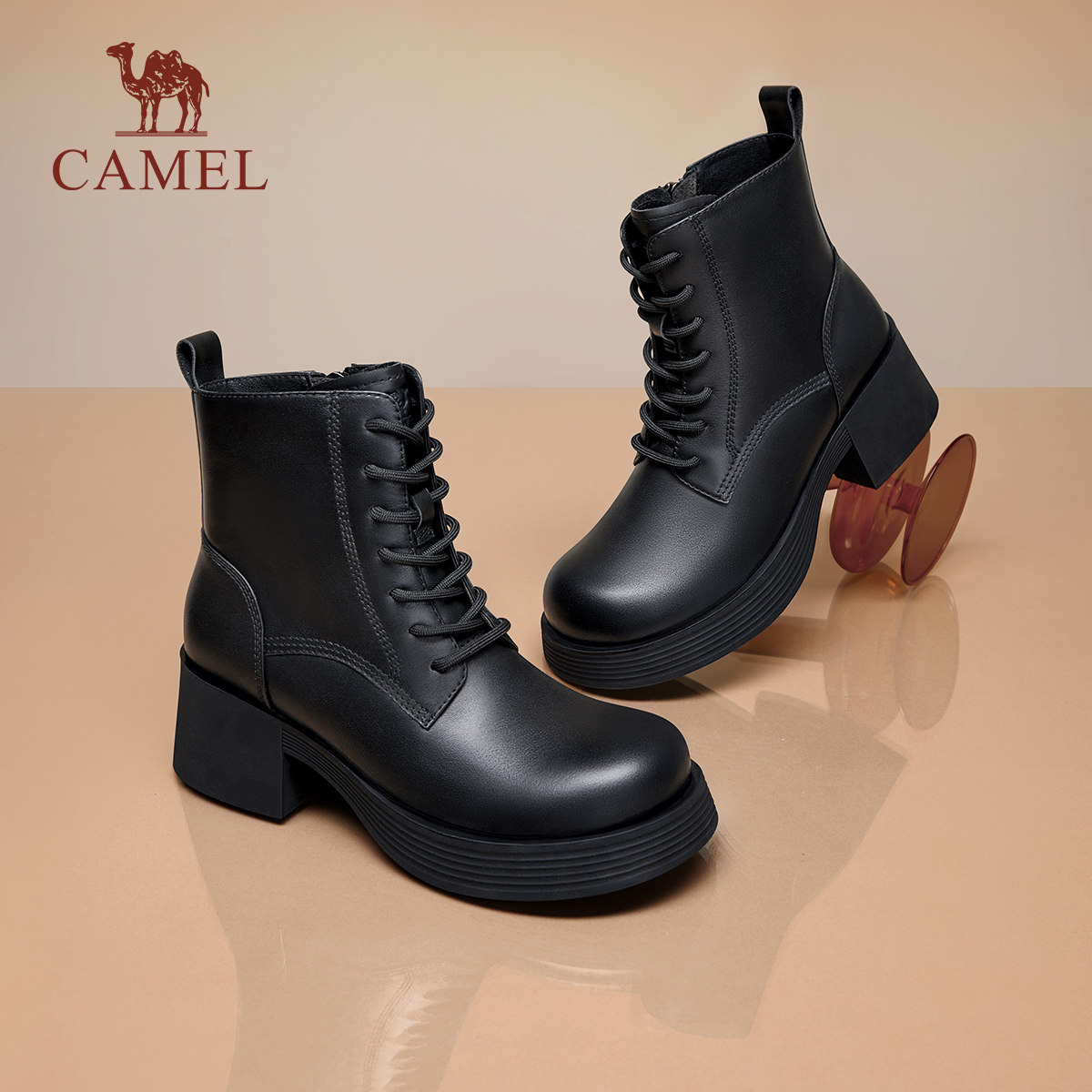 骆驼女鞋2025新款粗跟真皮粗跟厚底短靴百搭通勤休闲机车马丁靴