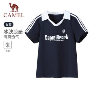 复古休闲翻领上衣 polo小v领冰感美式 骆驼运动短袖 T恤女2026夏季