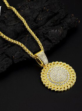 欧美嘻哈潮男配饰 合金满钻圆牌吊坠项链饰品男 跨境爆款工厂批发