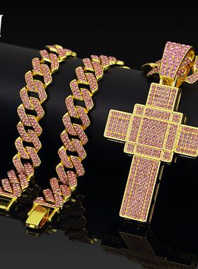女士潮流嘻哈夸张粉色双层立体十字架项链古巴链子美式潮牌跨境款
