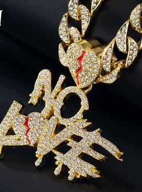 跨境新款嘻哈满钻古巴链拼接字母爱心吊坠hiphop街头文化潮男项链