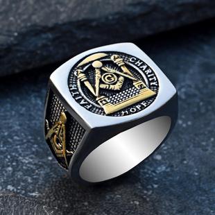 复古共济会戒指男个性潮人嘻哈钛钢食指戒百搭hiphop指环单身街头