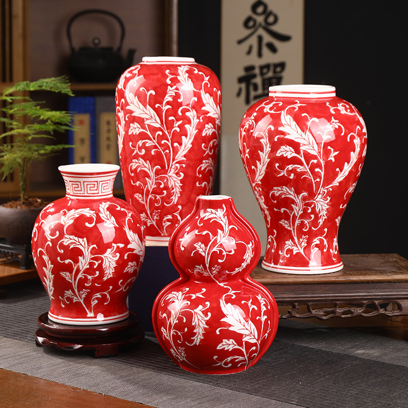手绘陶瓷器红色中式插花瓶青花瓷复古摆件家居客厅电视柜装饰品,家居饰品,装饰摆件,淘宝优惠券,粉丝福利购,淘宝优惠卷