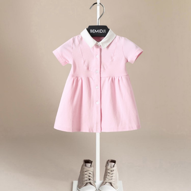 可爱夏装女童粉色小白领连衣裙