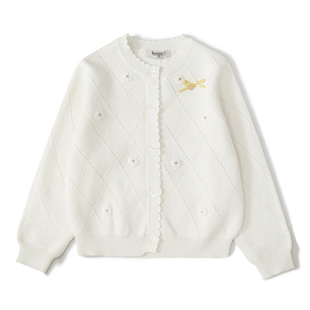 春秋新款女童白色薄款毛衣针织开衫宝宝简约清新纯色小熊镂空上衣