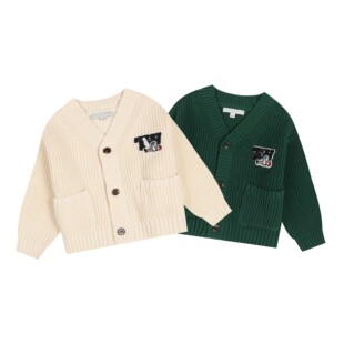 男女童TW学院风毛衣开衫儿童中大童针织纯棉线外套卡通字母贴布绣