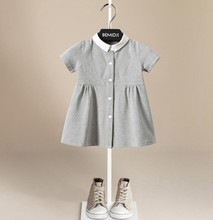 女童气质连衣裙纯色夏装新款日系灰色小白领纯棉简约裙子英伦风