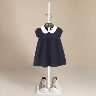 伯米吉女童白色娃娃领纯色连衣裙宝宝儿童短袖公主裙洋气藏青裙子