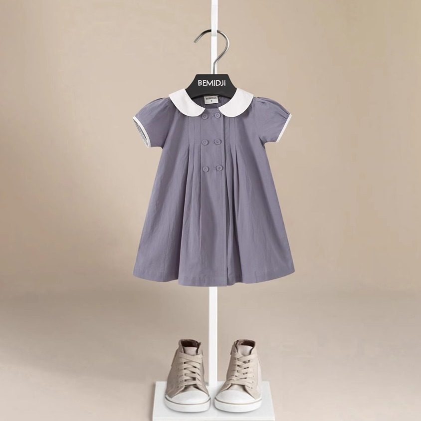 夏装新款女童连衣裙宝宝纯色粉色雾蓝色纯棉布儿童洋气公主裙子