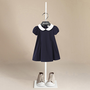 伯米吉女童藏青纯色连衣裙夏季新款宝宝儿童装白色娃娃领公主裙子