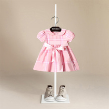 女童夏装粉色连衣裙宝宝儿童装小格纹英伦风裙子宝宝腰带小礼服裙