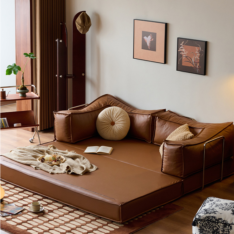 小户型沙发床复古沙发客厅模块双三人直排坐卧两用可折叠皮艺沙发