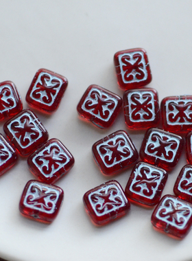 捷克珠进口11x12mm复古方形描蓝云纹琉璃散珠DIY串珠手链项链配件