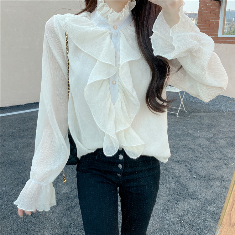 Real shot spring standing collar pearl button Ruffle long sleeve shirt chiffon shirt bottom shirt