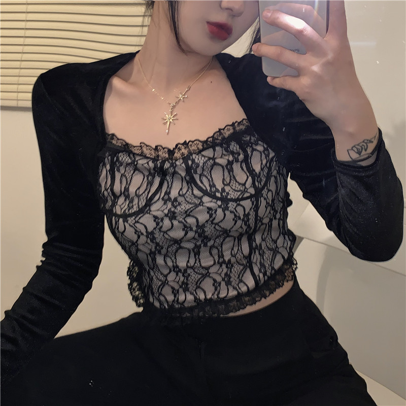 Real shot new lace stitching open collared square collar bottom shirt slim fit short long sleeve shirt women's wear