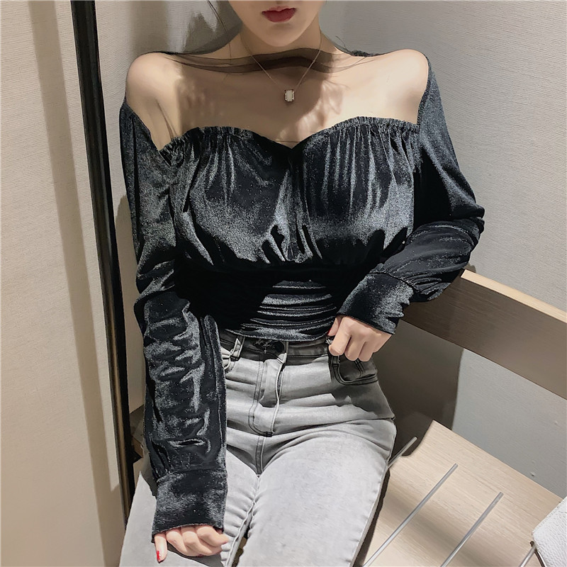 Real shot real price perspective mesh stitching velvet show thin long sleeve versatile bottoming top women's Pullover Top T