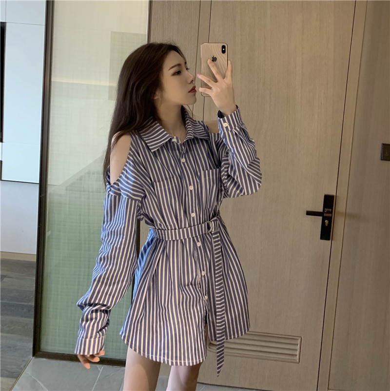 Real shot fashion Lapel stripe off shoulder shirt long sleeve slim waist medium length sunscreen shirt