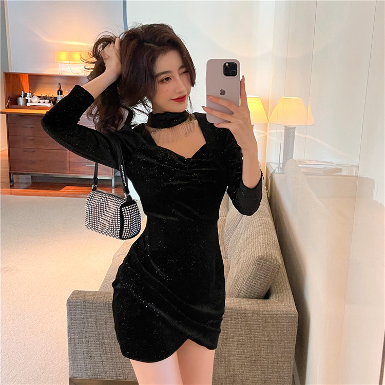 Real shot spring velvet hip dress night club sexy neck V-neck slim bead chain decoration lady