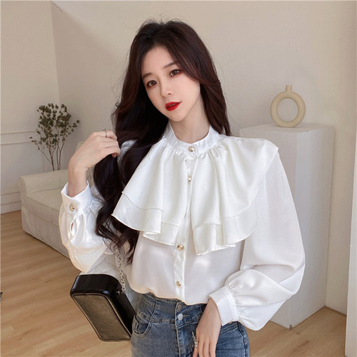 Real shot Ruffle long sleeve shirt button loose shirt base top stand collar red Chiffon Top