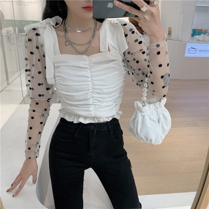 Real shot lace mesh perspective bubble long sleeve V-neck back pull rubber bottomed shirt women's slim fit mesh
