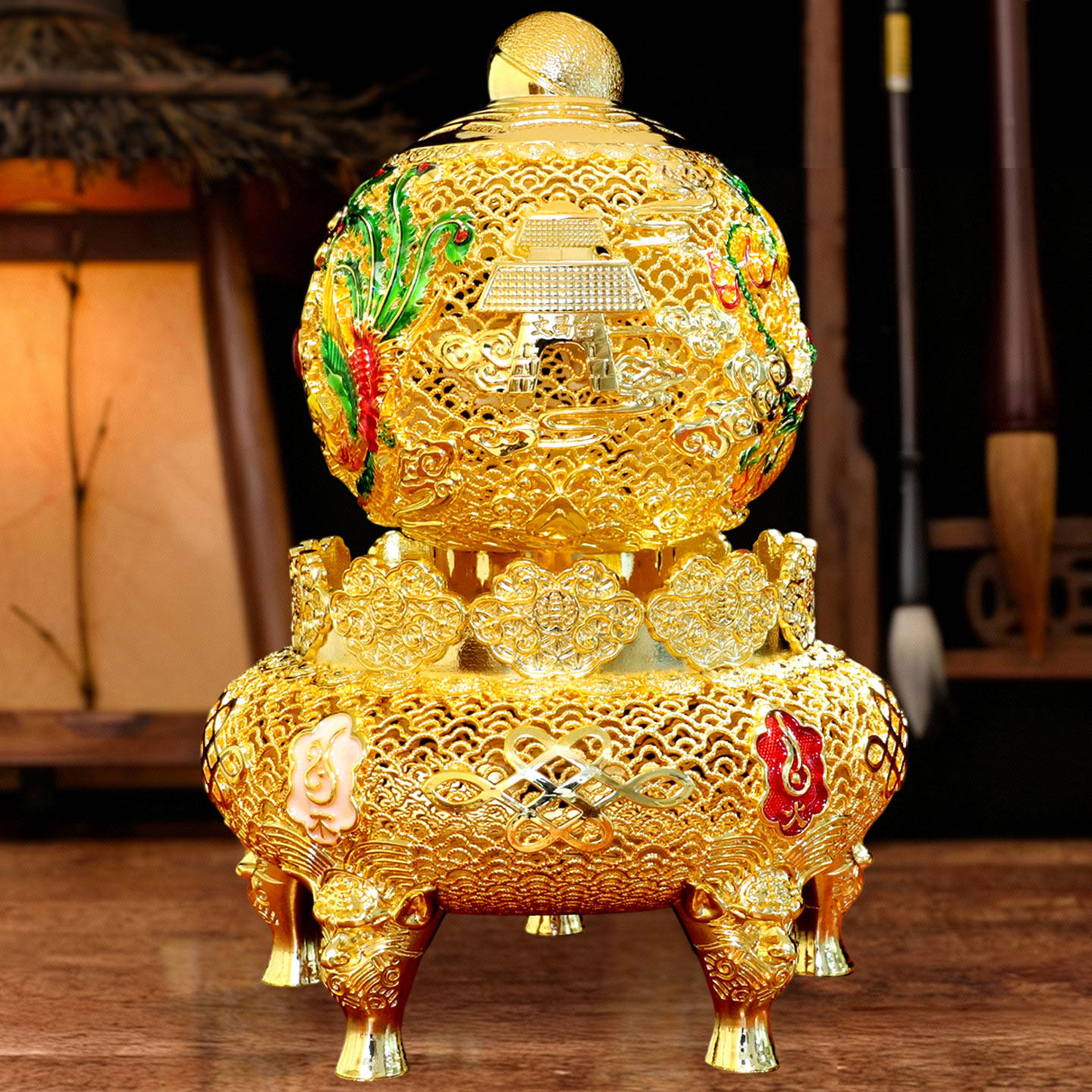 花丝乾坤铜鼎摆件玄关隔断装饰