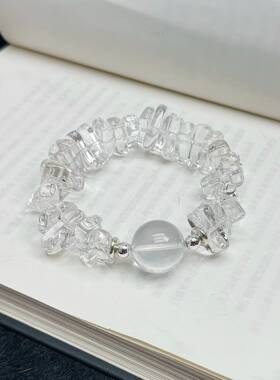 【设计款手串】天然白水晶狼牙碎石 配 蓝闪白水晶顶珠