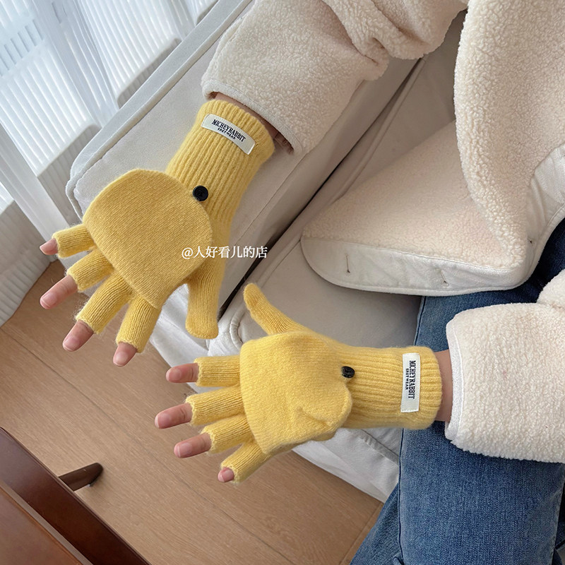 韩版ins风翻盖手套女2025新款秋冬保暖防寒学生写字半指手套