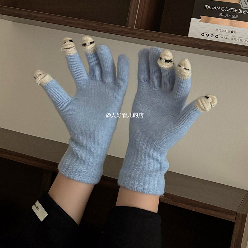 韩系ins可爱小怪兽针织手套女2025秋冬新款保暖防寒可触屏手套潮