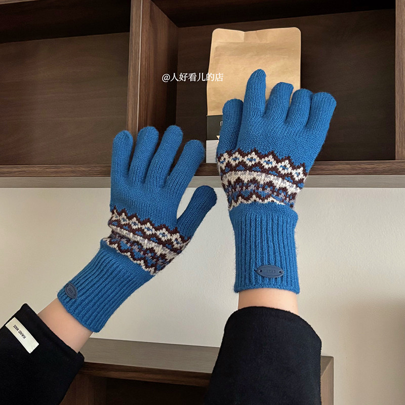 费尔岛风针织手套女2025新款冬季保暖防寒可触屏分指毛线手套时尚