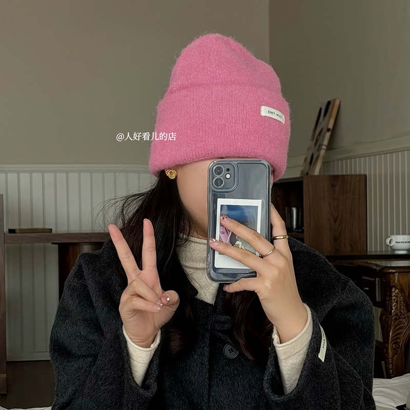 秋冬显脸小防风帽子保暖堆堆帽粉色含羊毛针织毛线帽女包头冷帽