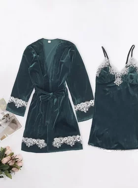 两件套性感内衣爆款欧美金丝绒居服源头吊带女士蕾丝花边晨袍